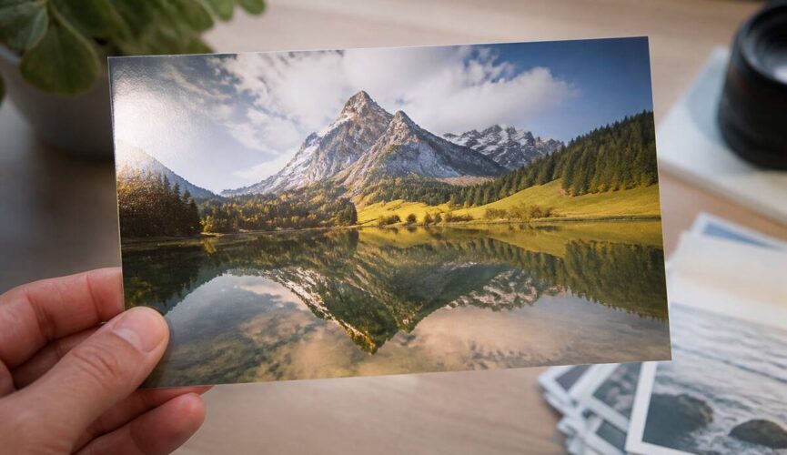 Hand houdt een recent gedrukte foto vast bij zacht licht op een bureau, realistische uitstraling zonder tekst.