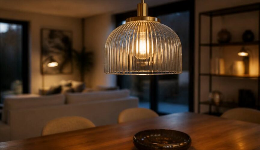 Glazen hanglamp boven een eettafel met zacht licht en reflecties in het glas