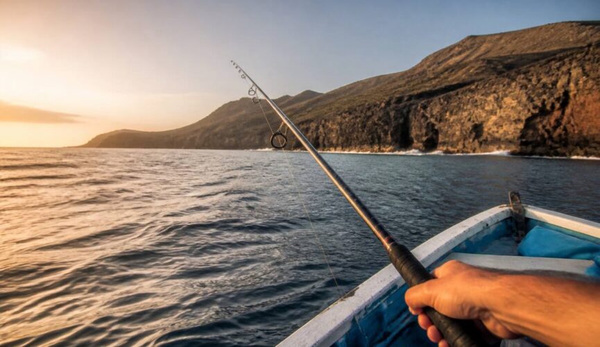 Visserij op zee bij de rotskusten van Lanzarote tijdens golden hour